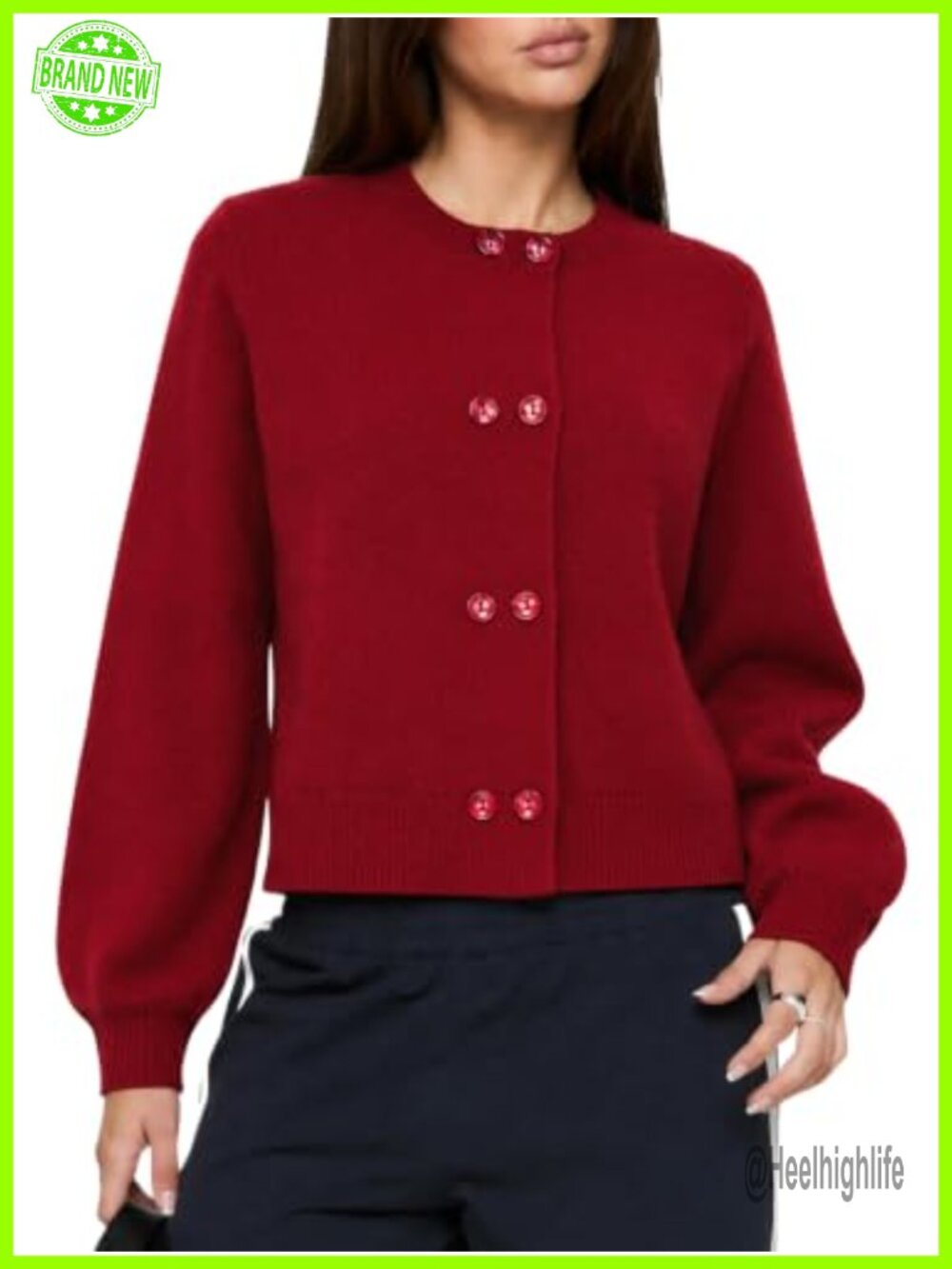 Womens Double Breasted Cropped Cardigan Balloon Sleeve Knit Sweater